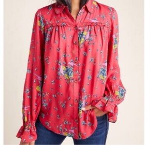 Anthropologie Maeve log sleeve red button front printed blouse, size 2P